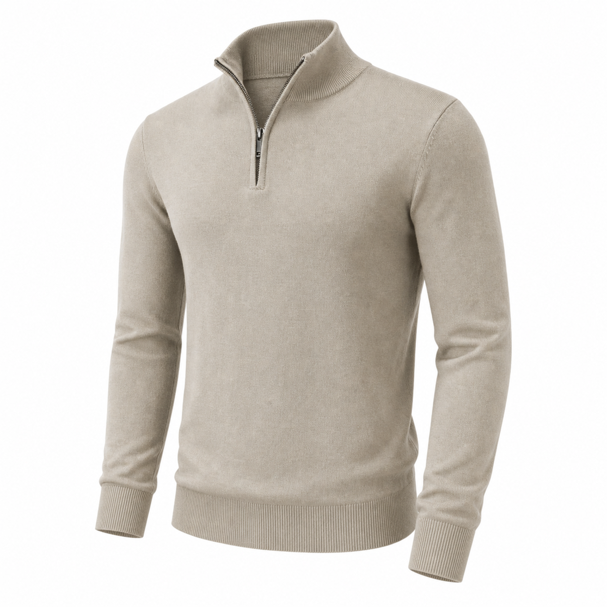 Men's lightweight beige quarter-zip sweater – diagonal front view