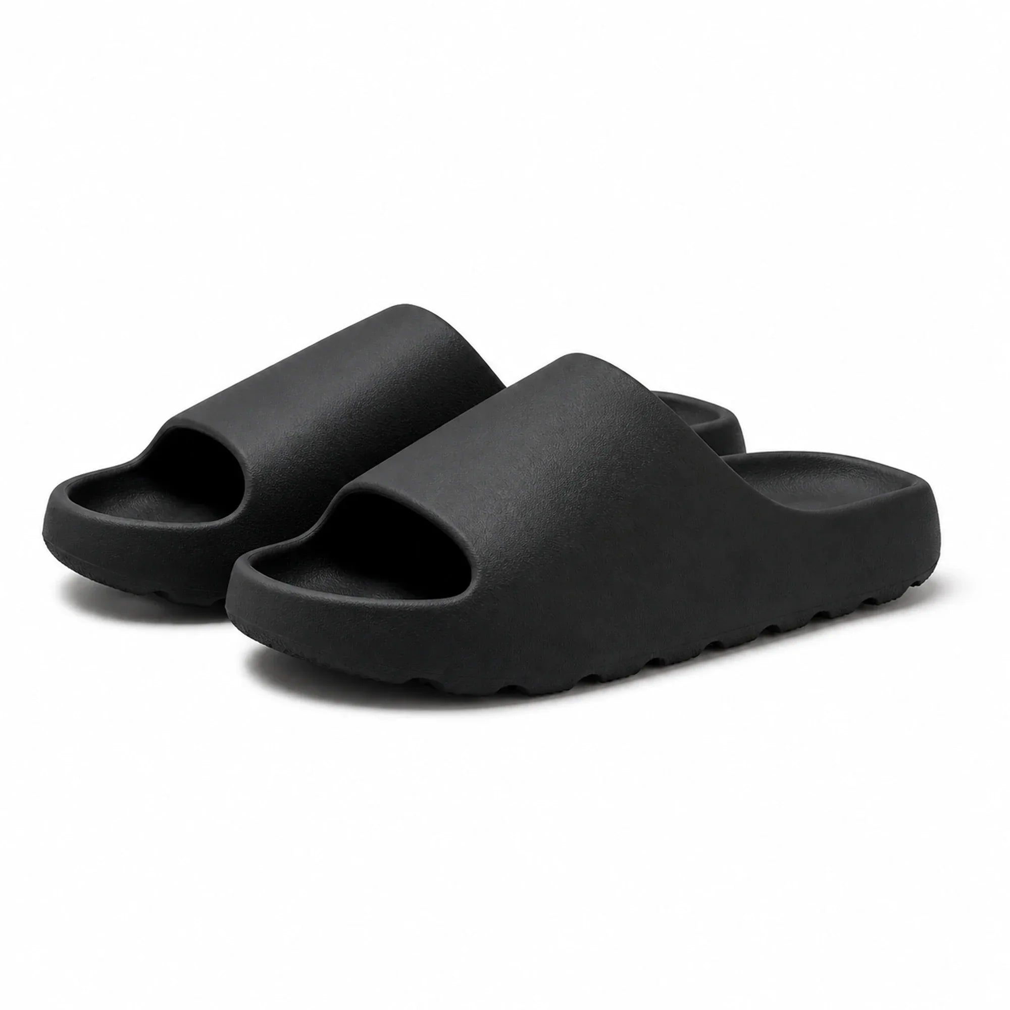 Black EVA platform slide slippers front view on white