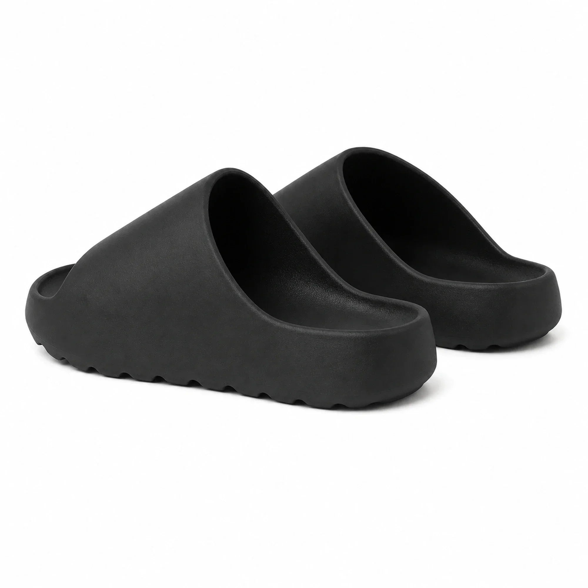 Black EVA platform slide slippers rear view on white