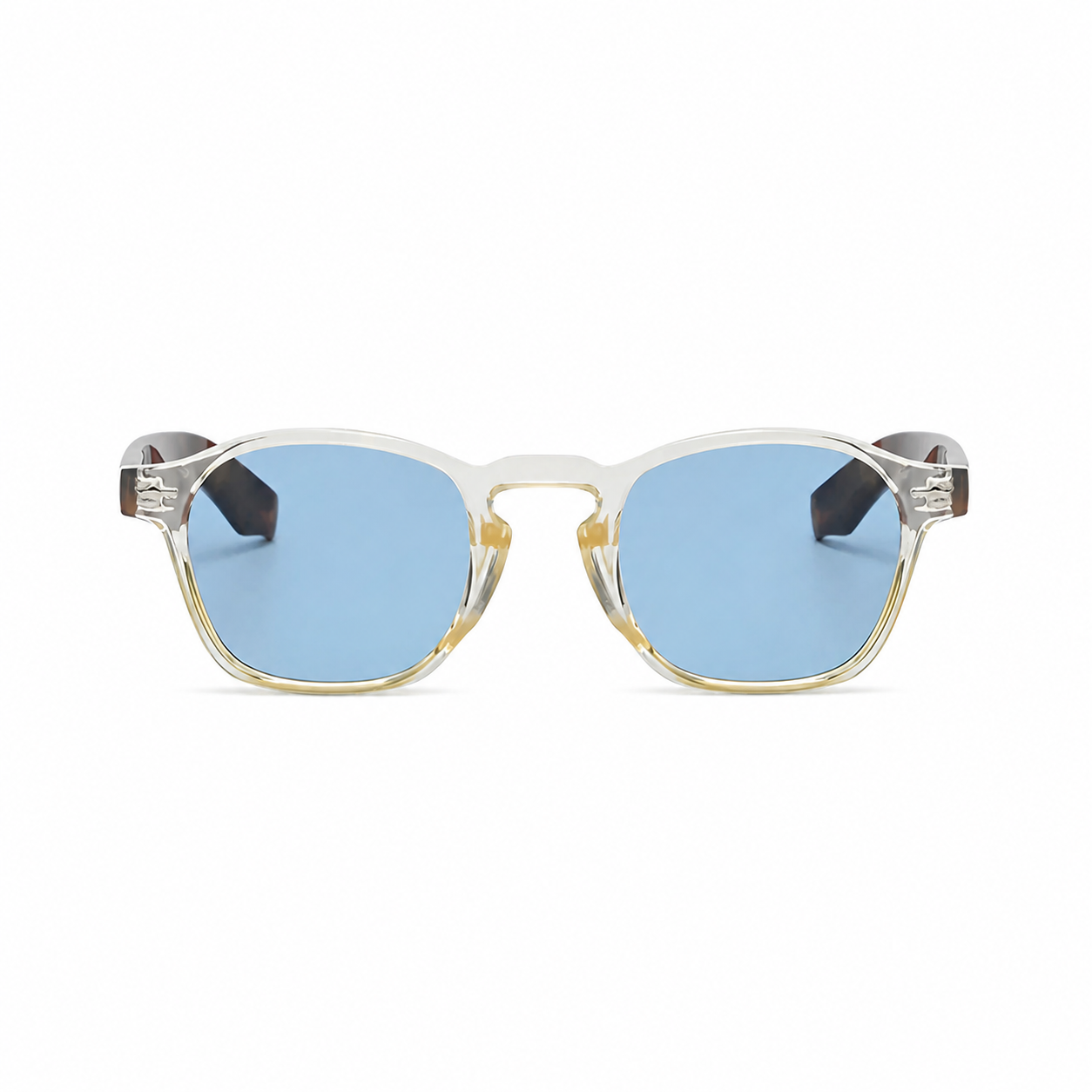 BARCELONA clear frame blue lens sunglasses front view on pure white