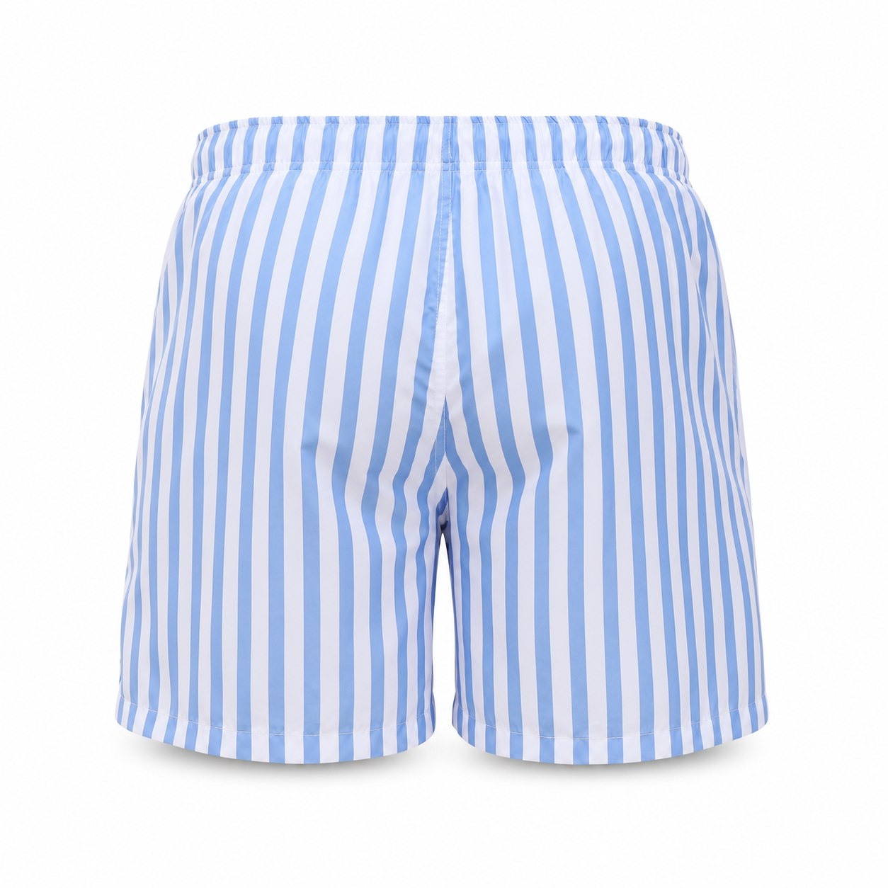 Men's blue and white striped swim shorts, back view