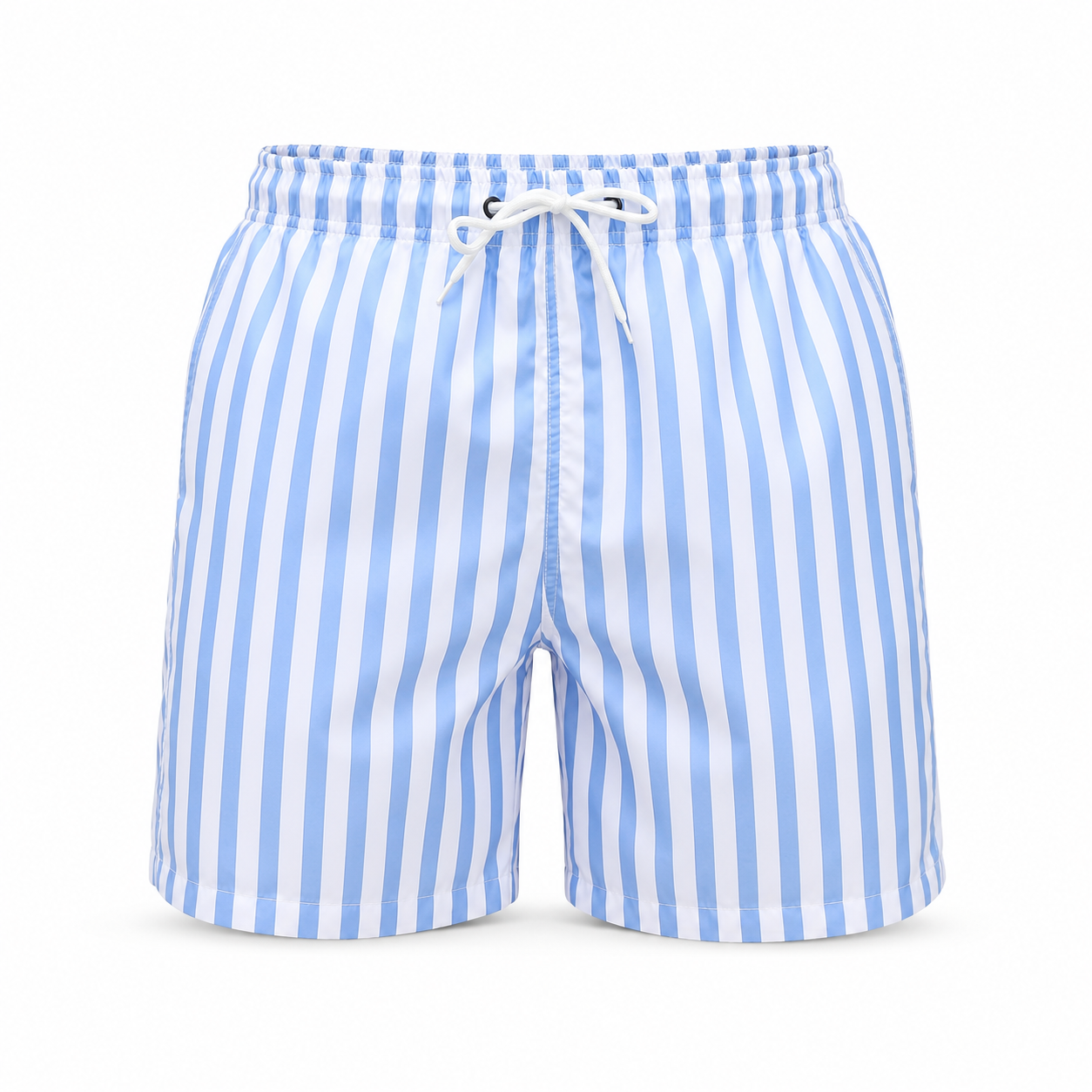 Men's blue and white striped swim shorts, front view