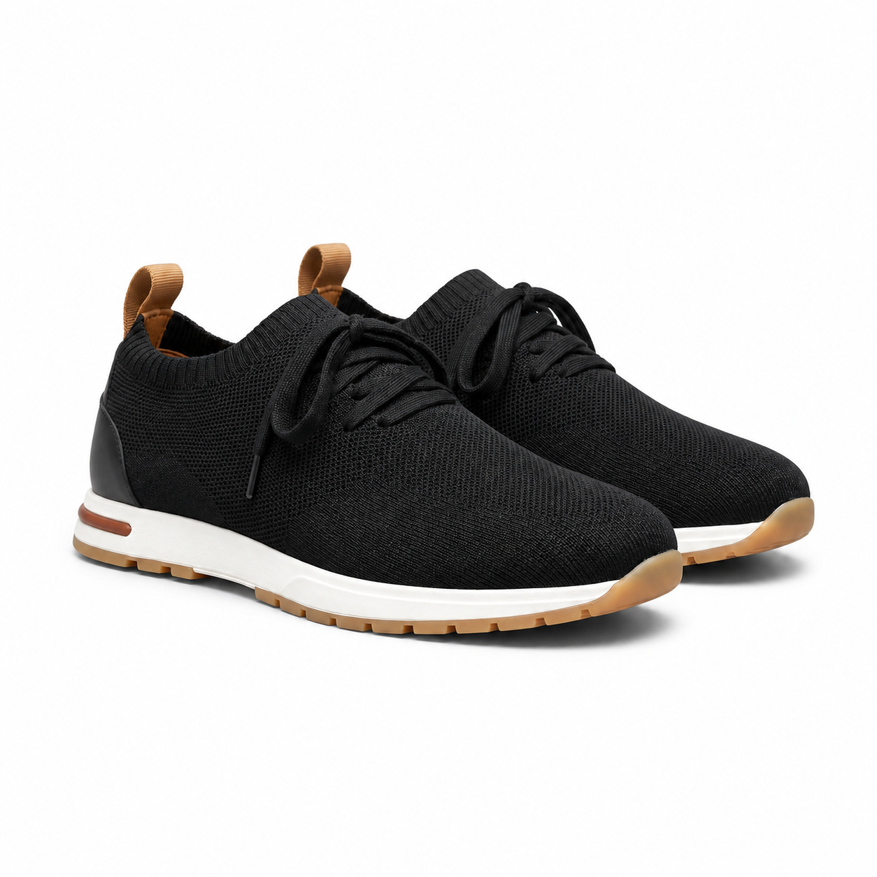 Men's black knit sock-fit sneaker, diagonal view on white
