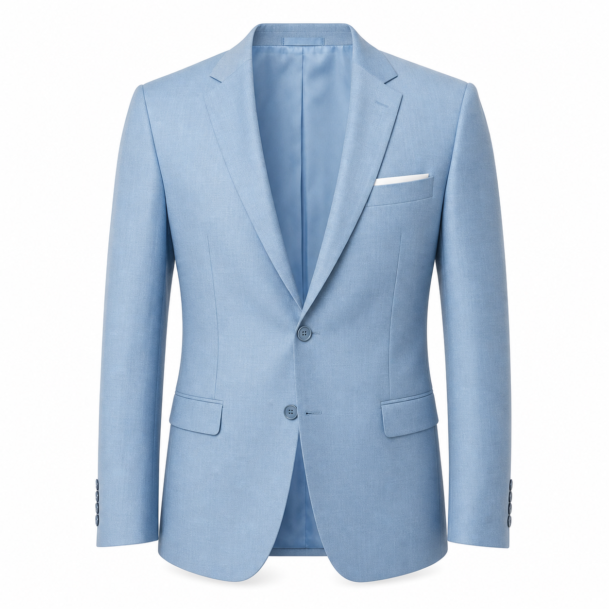Men's light blue slim-fit blazer, ghost mannequin front view on white