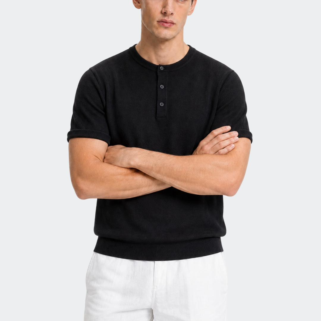 Men styling Legacy black knit Henley shirt