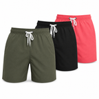 Men's quick-dry swim shorts in dark green, black and pink