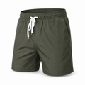 Men's dark green quick-dry swim shorts, diagonal view