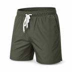 Men's dark green quick-dry swim shorts, diagonal view