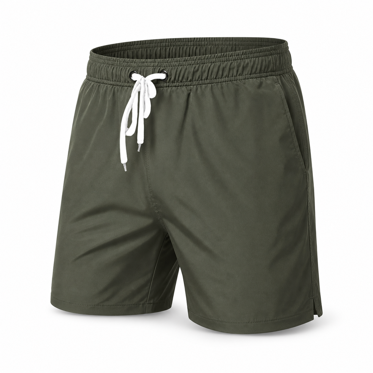 Men's dark green quick-dry swim shorts, diagonal view