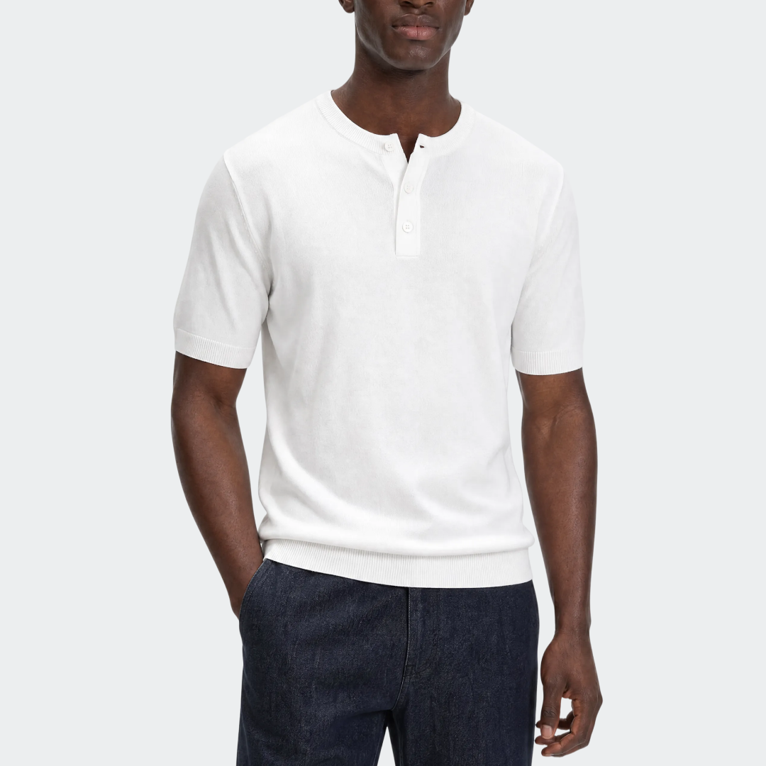 Men styling Legacy white knit Henley shirt