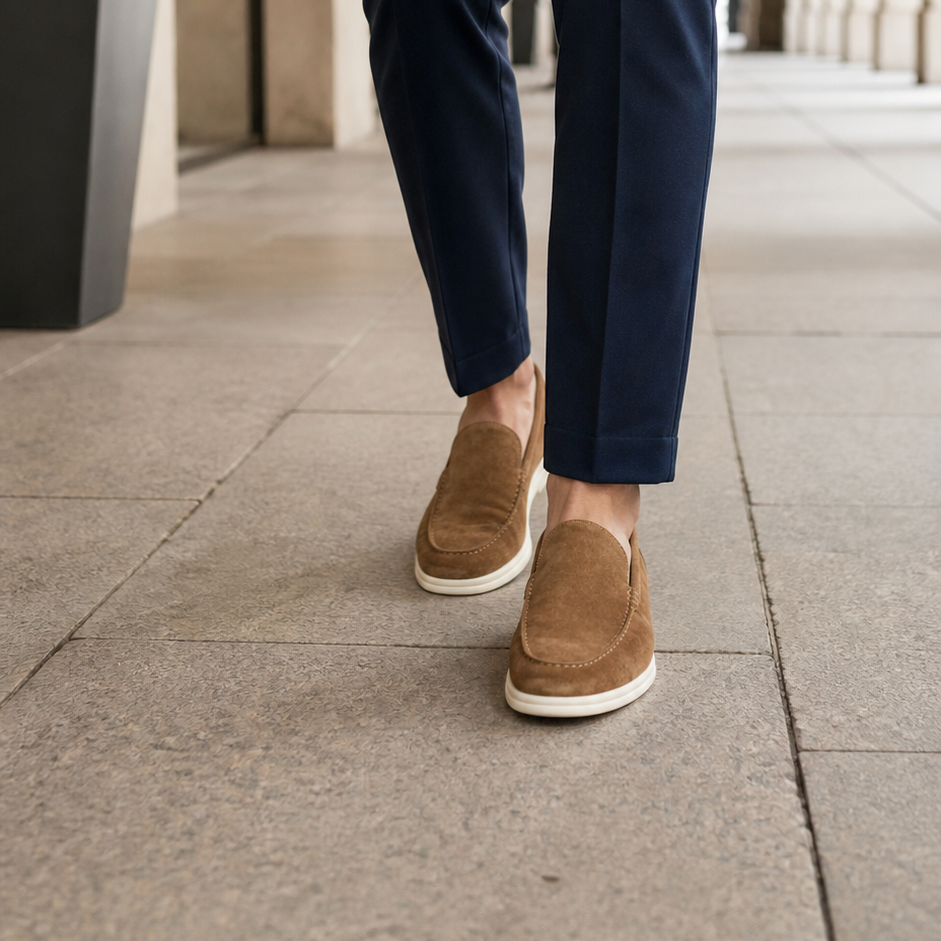 Men's brown suede loafers styled in a city arcade