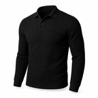 Men's black textured long-sleeve polo sweater, ghost mannequin on white