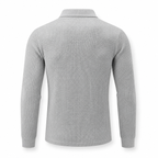 Men's gray textured long-sleeve polo sweater, ghost mannequin back view on white