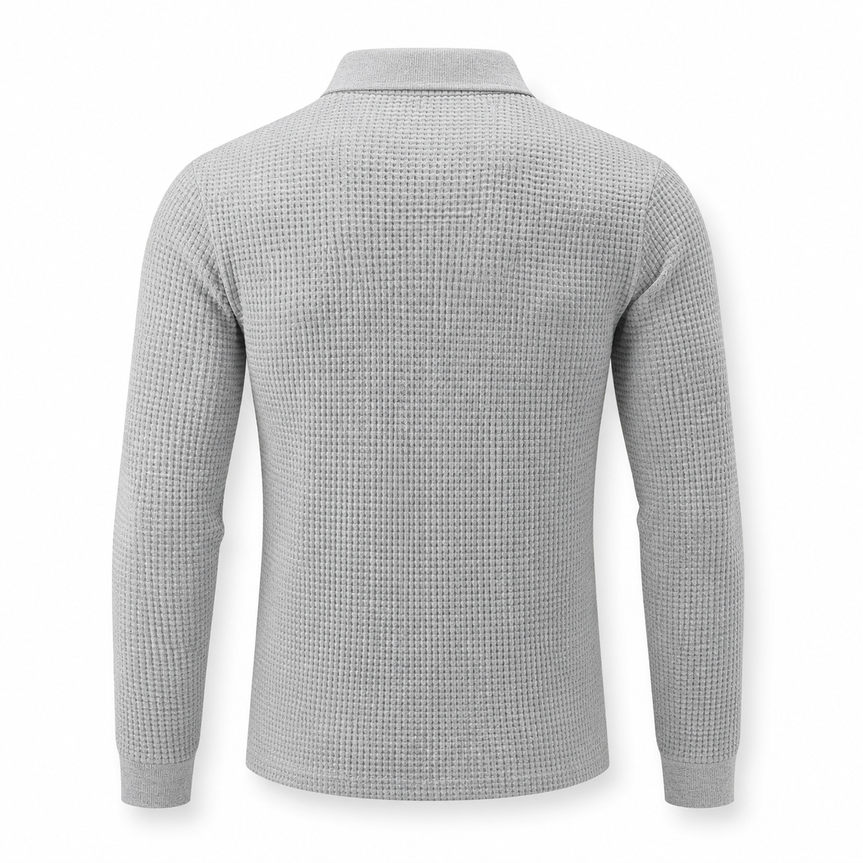 Men's gray textured long-sleeve polo sweater, ghost mannequin back view on white