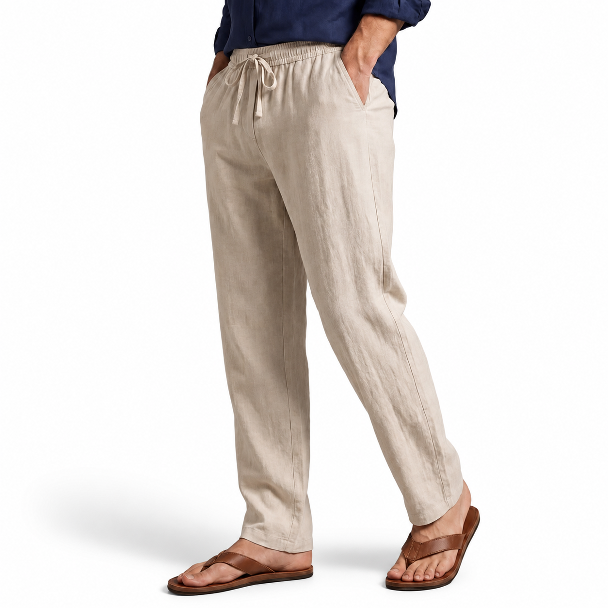 Light Khaki cotton-linen drawstring trousers