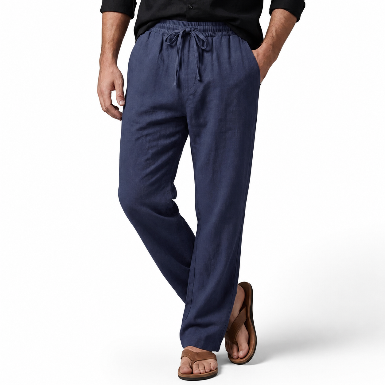 Navy cotton-linen drawstring trousers