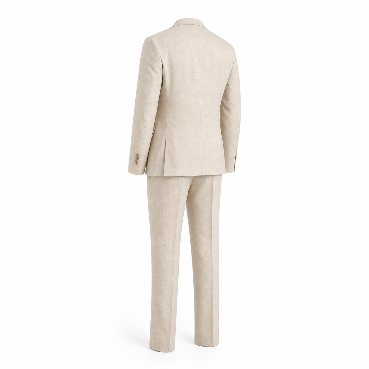 Men's beige linen-blend suit, ghost mannequin back three-quarter view