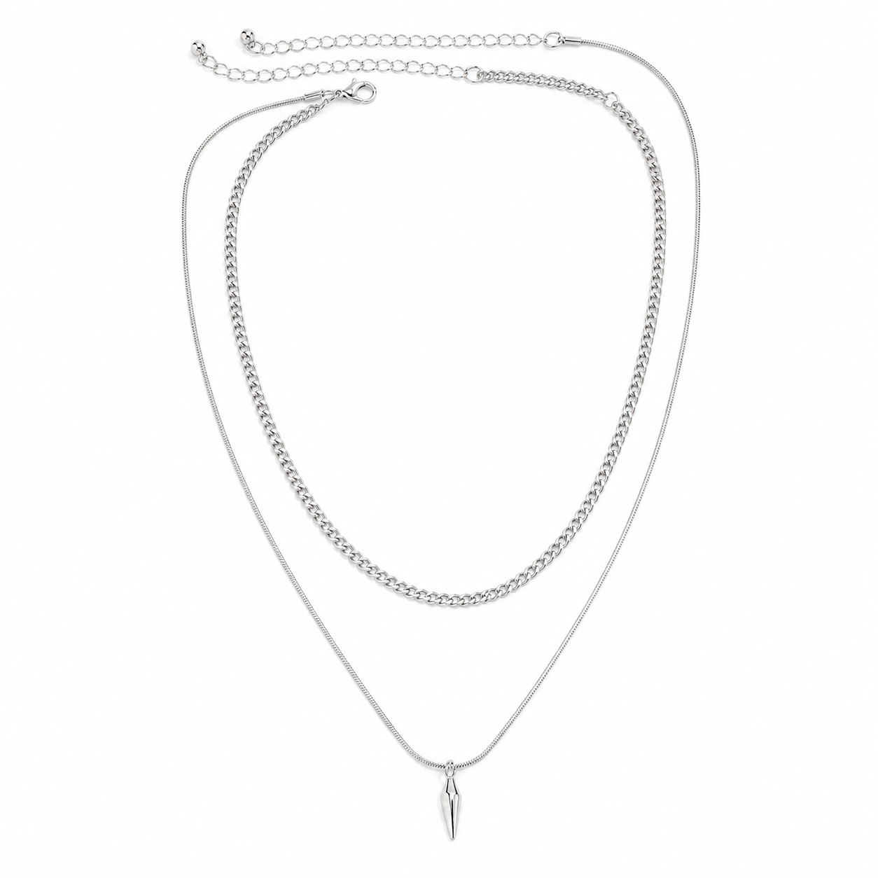 Men's layered silver curb and spike pendant necklace set, side view
