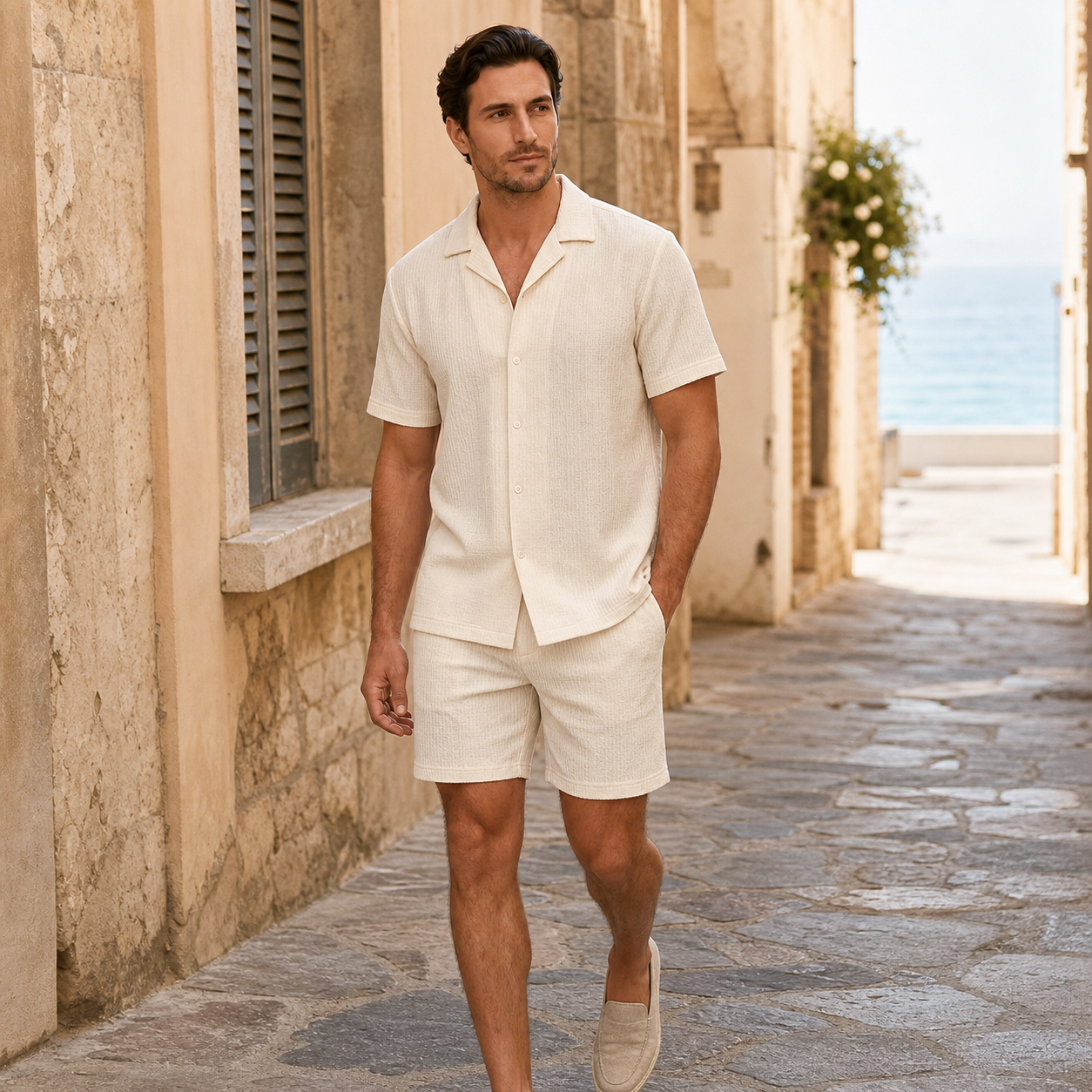 Men wearing beige textured camp shirt and shorts set in a coastal town