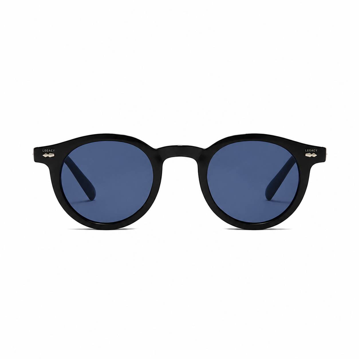 PALMA polarized round sunglasses, black frame with navy lens, front view on pure white